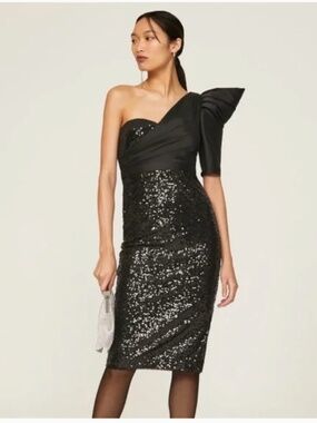 Badgley Mischka Black Sequin One Shoulder Party Cocktail Pencil Dress 6